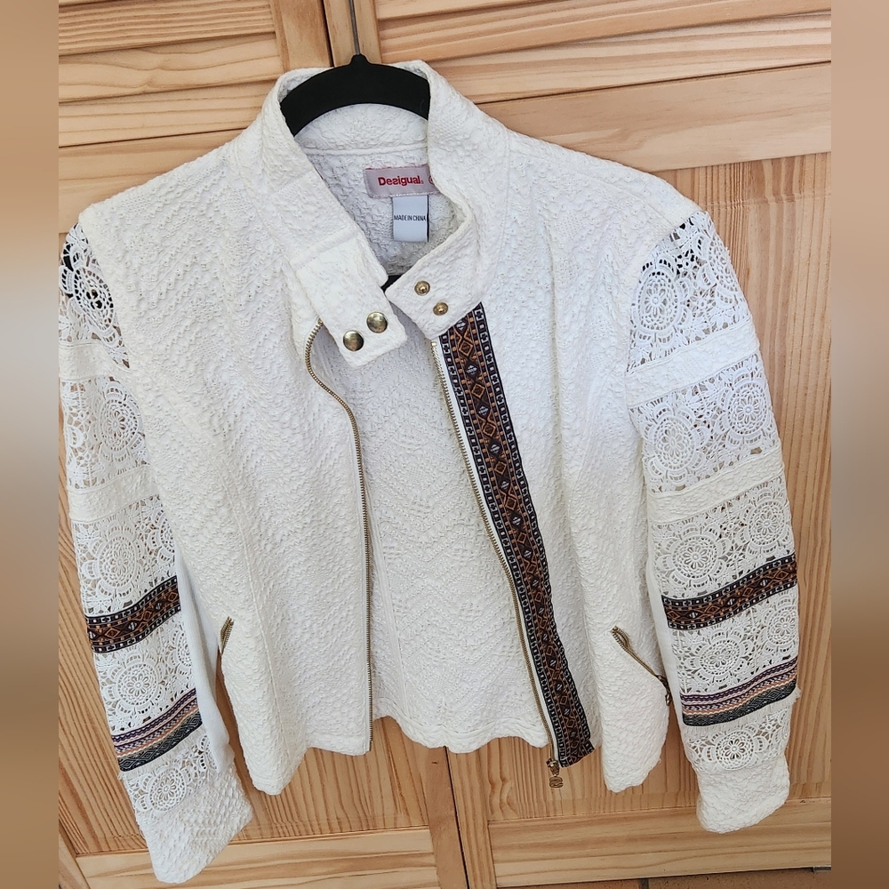 Desigual Ivory Lace Jacket with Patterned Sleeves